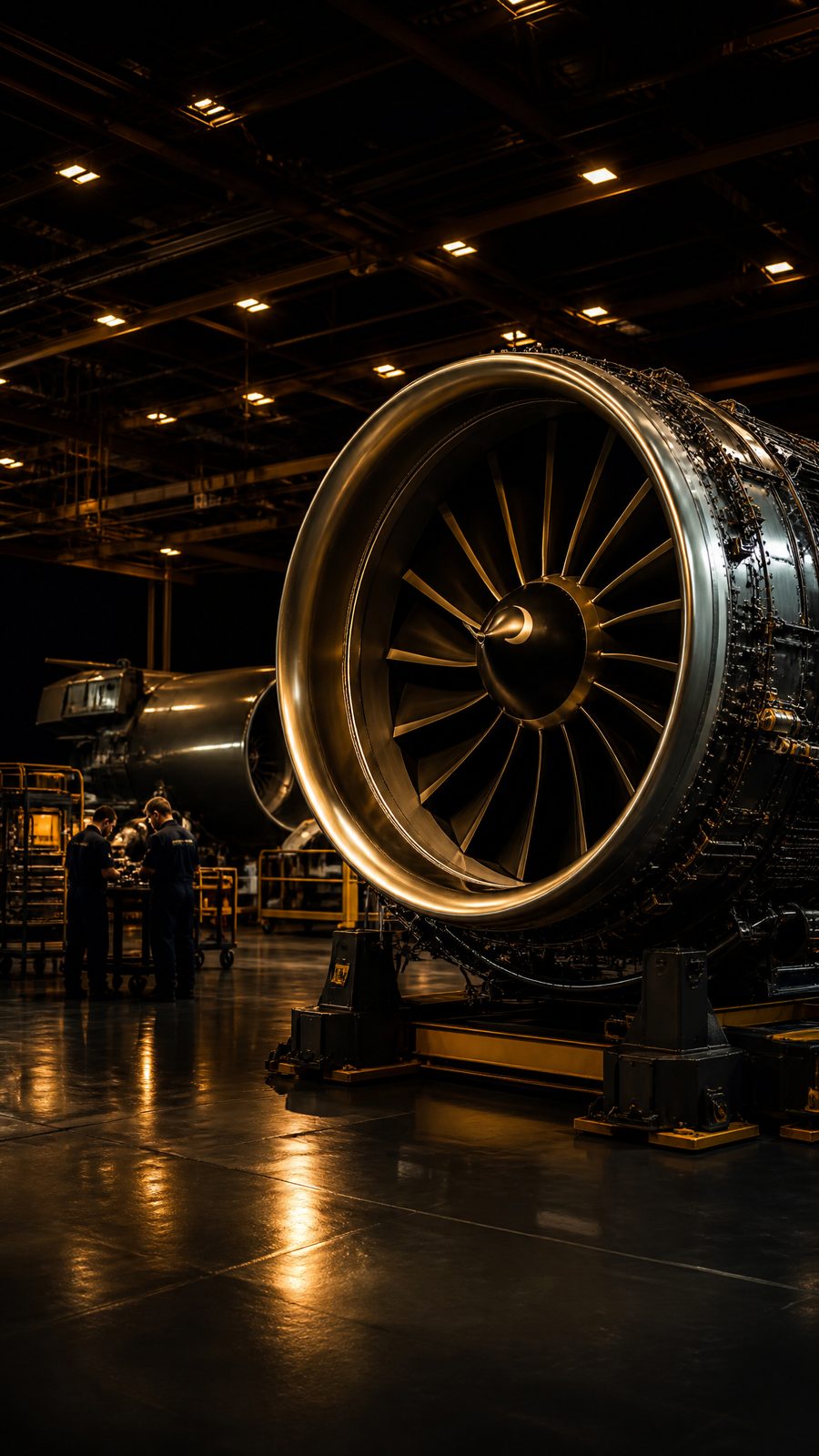 Turbina e equipe técnica em hangar de manutenção — WS Engenharia