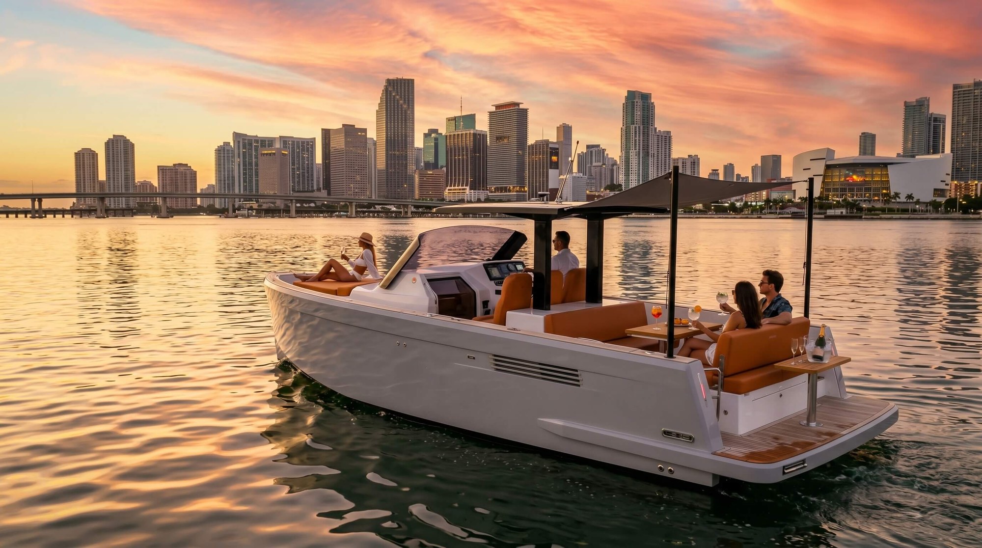 Lancha de luxo navegando em Miami com o skyline ao pôr do sol